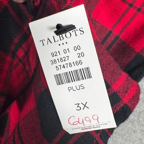 Talbots Womens 3X Red‎ Black Plaid Button Down Top Christmas Party Holidays NEW - Picture 8 of 13